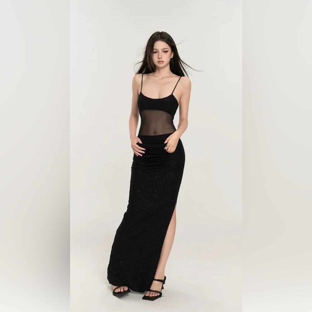 Elegant,maxi dress,black , mesh fabric with lining